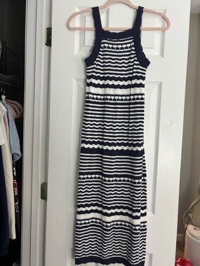 blue and white knit midi dress